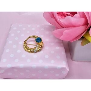 Gold-Tone Blue Crystal Brooch with Clear Accent Stones - Women Jewelry Brooches